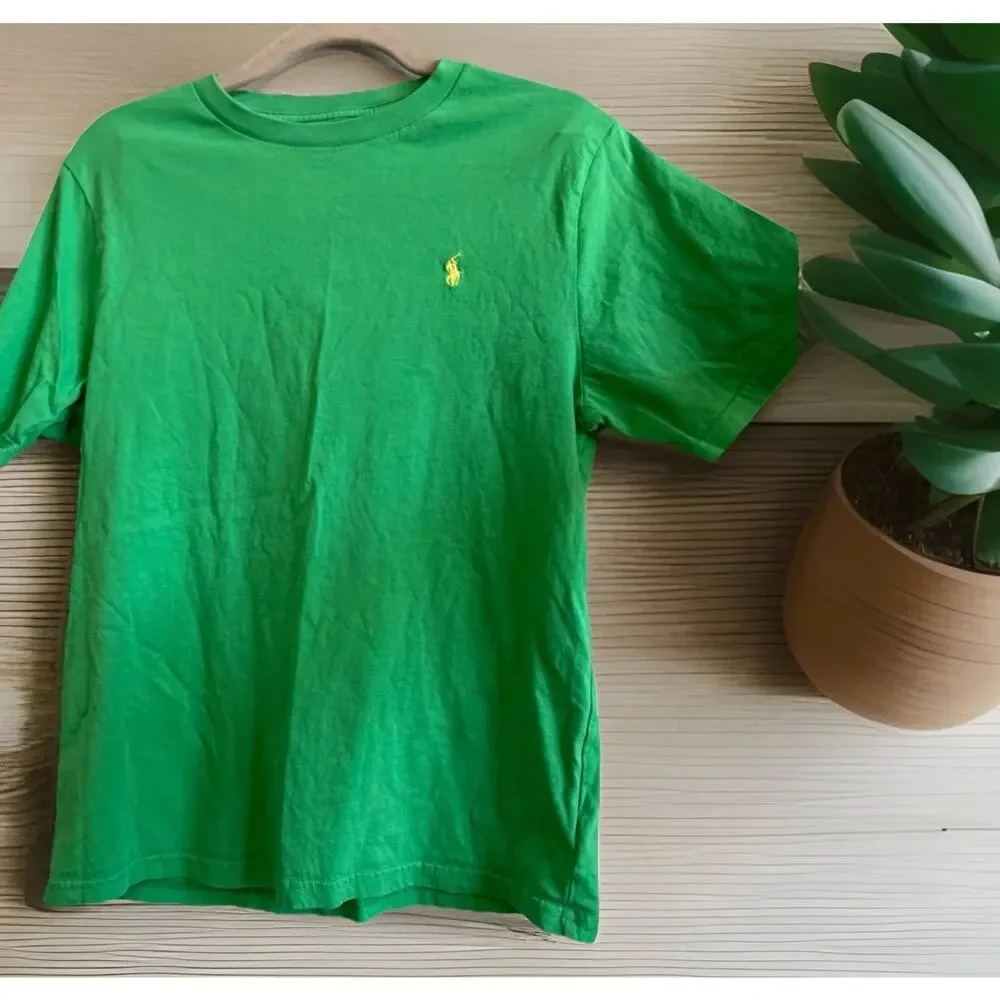Polo Ralph Lauren Boys T-Shirt Green Large 14-16 Yellow Pony Short Sleeve Preppy
